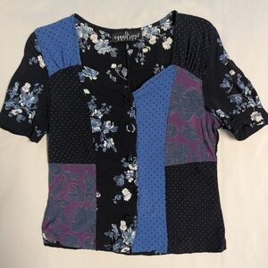 Vintage Carole Little Patchwork Floral Blouse - Black, Blue, Purple